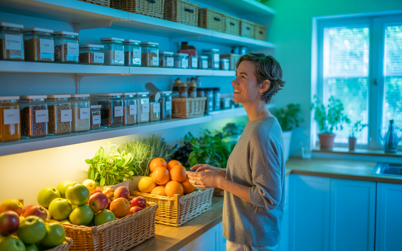 Well-organized pantry with healthy foods and fresh produce, representing investment in quality long-term weight management and wellness;