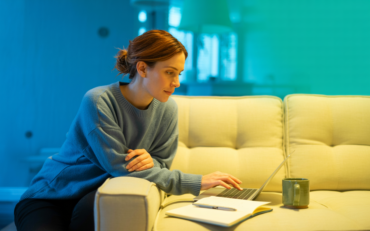 Woman at home with laptop researching mounjaro eligibility