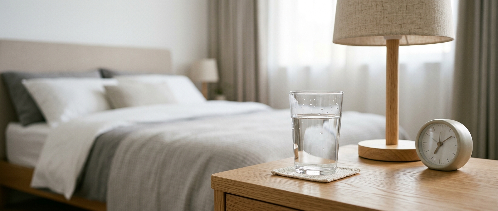 Glass of water on a bedside table representing the once-daily Wegovy pill routine