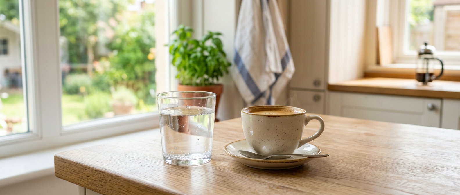 Glass of water and coffee representing the Wegovy pill morning fasting routine