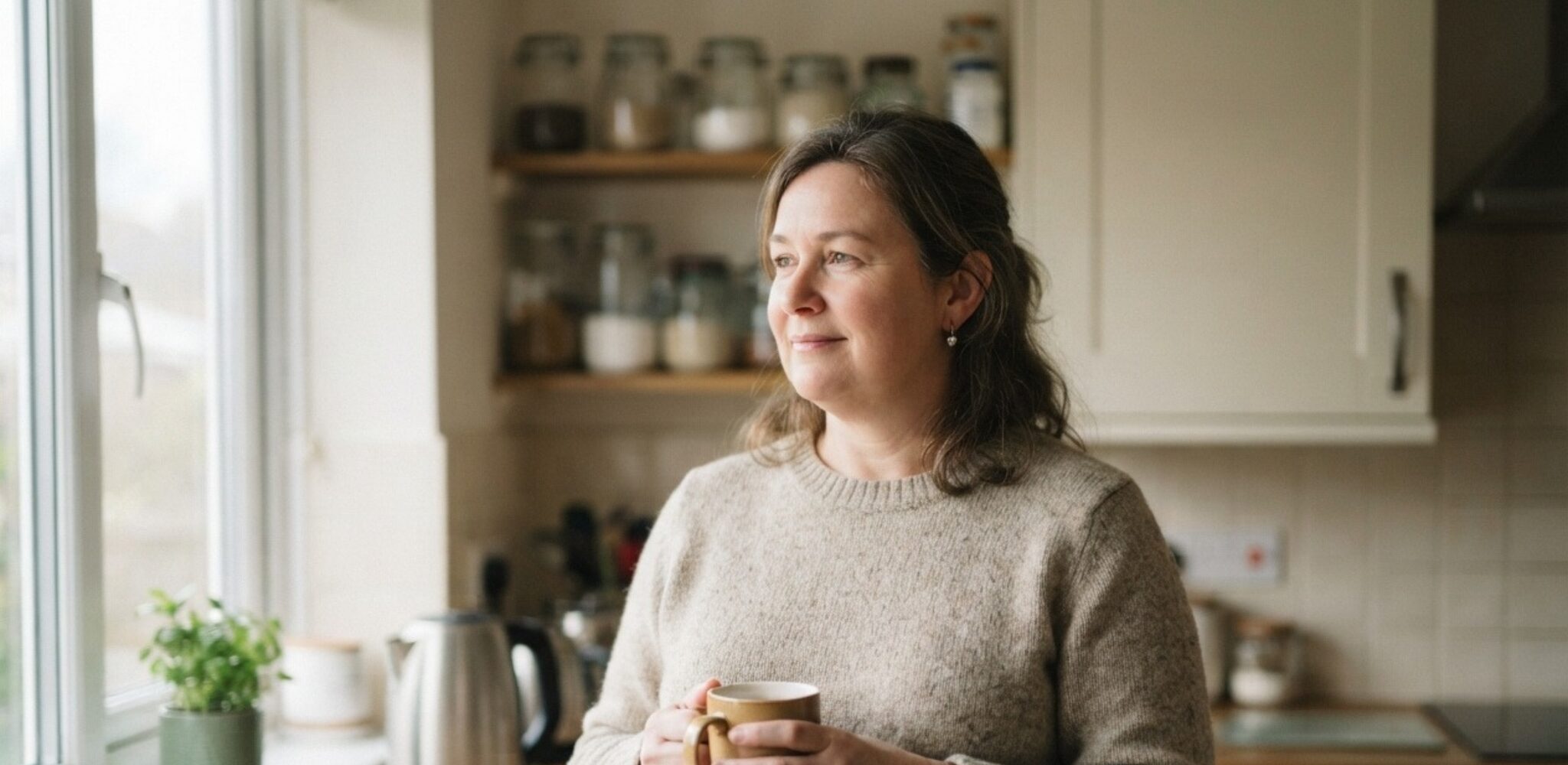 A woman standing in her kitchen, holding a mug of tea and looking out of the window